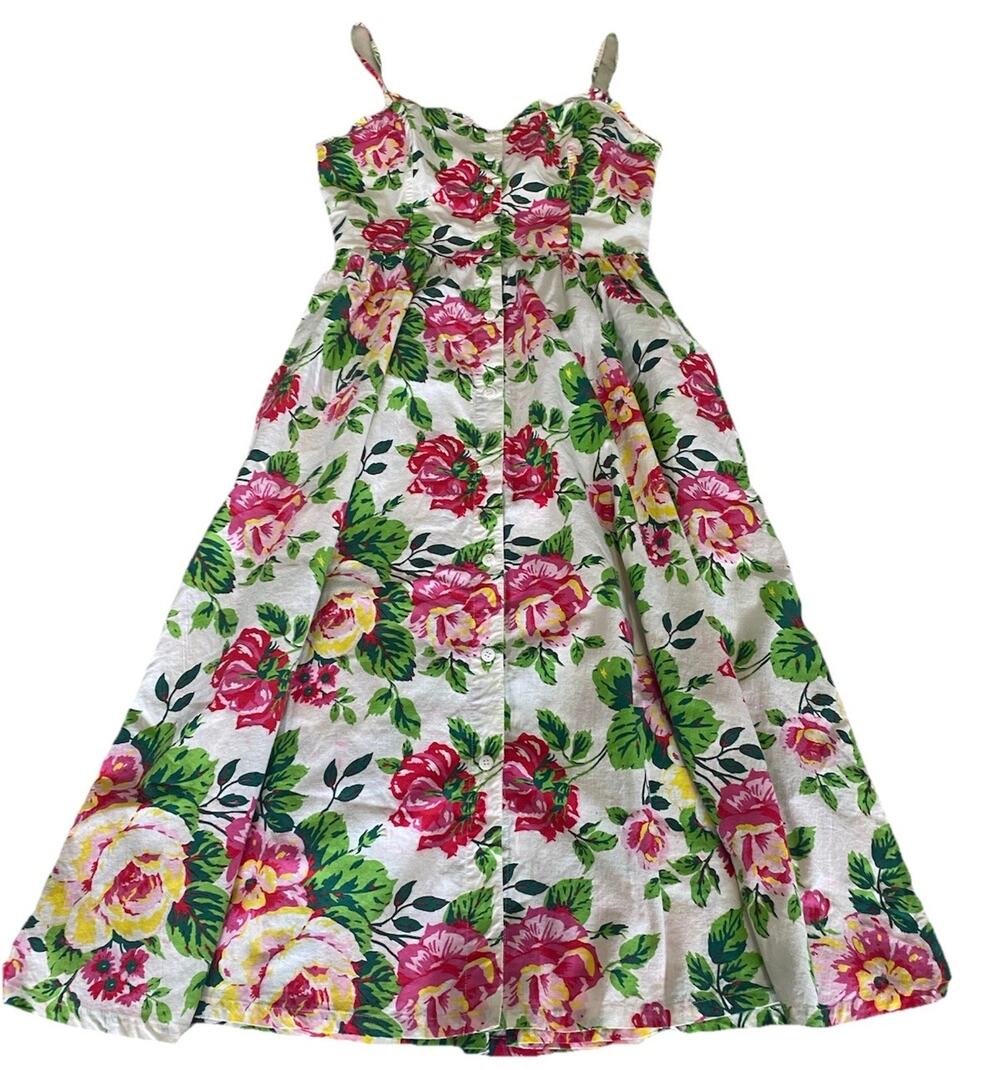 vintage adrienne vittadini cotton rose floral print romantic midi button dress M